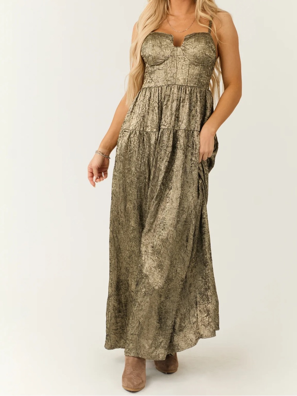 New Gold Textured Metallic Corset Sleeveless Maxi Dress medium